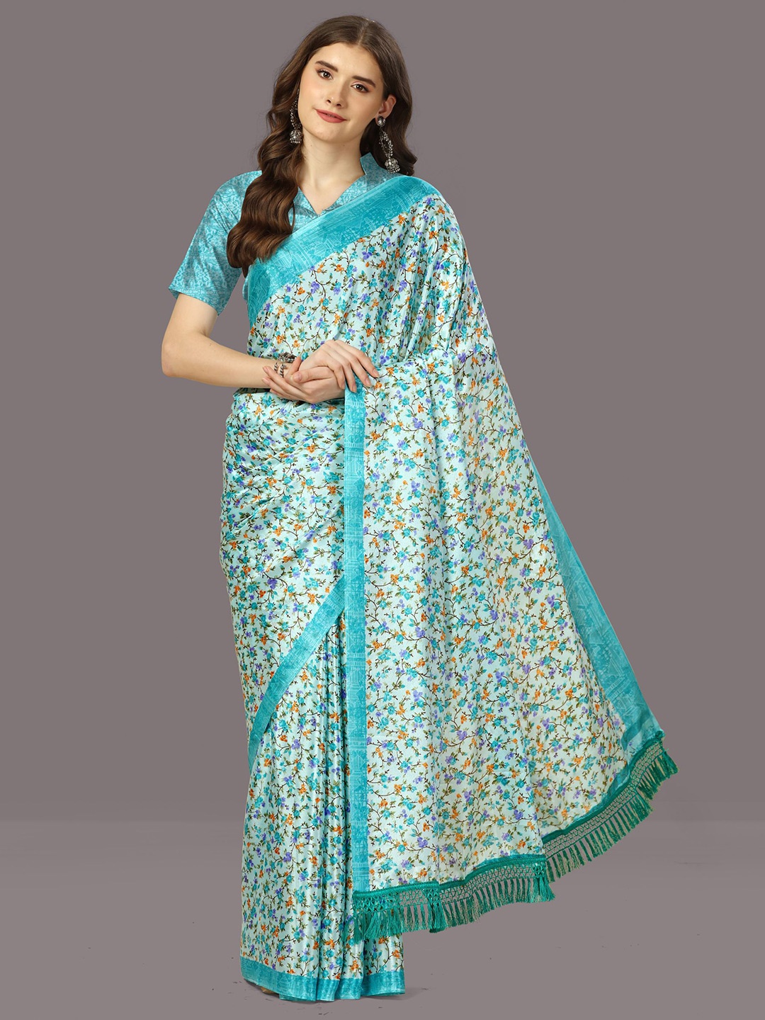 

WORIVOC Floral Printed Poly Silk Saree, Blue