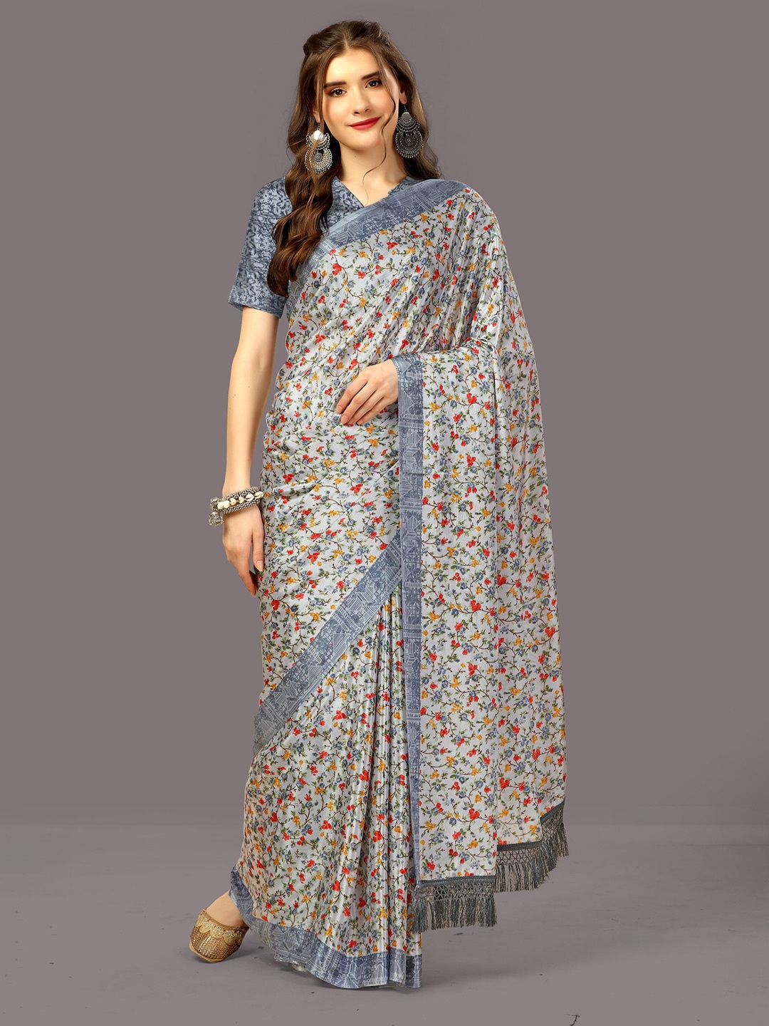 

WORIVOC Floral Printed Poly Silk Saree, Grey