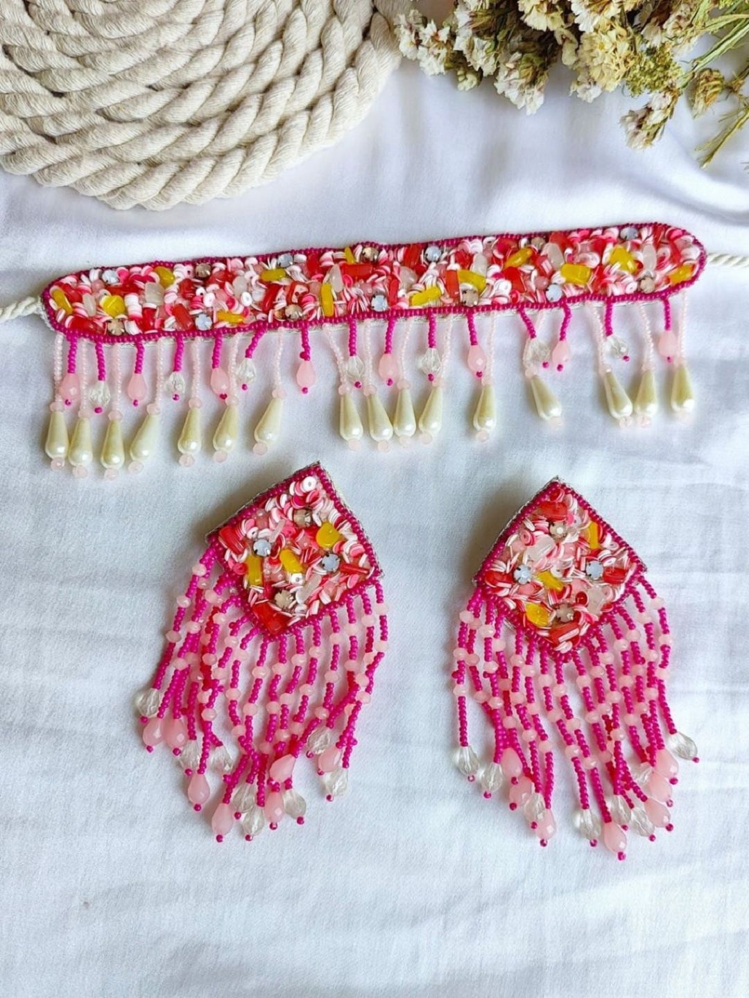 

Crunchy Fashion Artificial Beads-beadded Necklace And Earrings, Pink