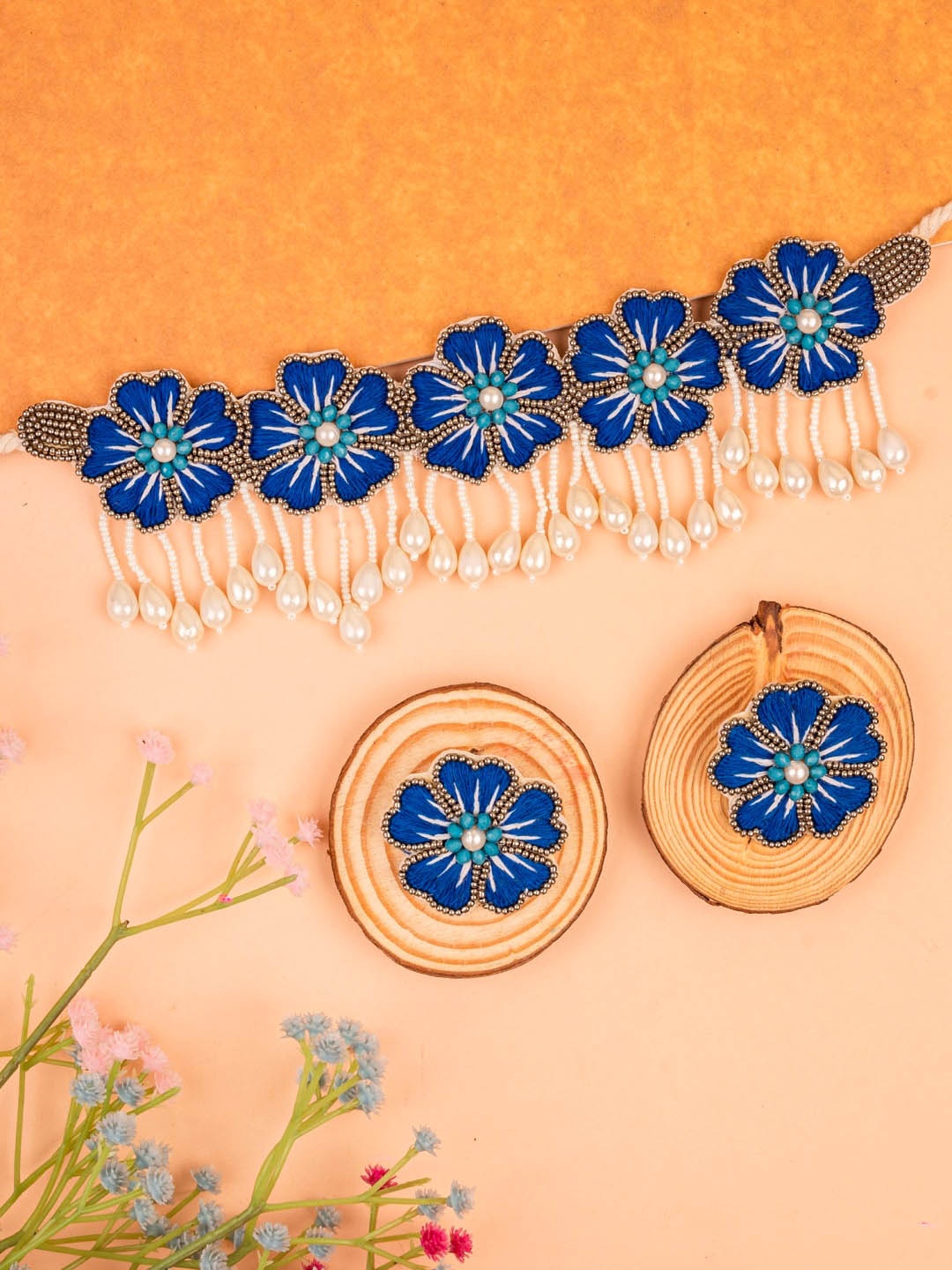 

Crunchy Fashion Floral Beaded Jewellery Set, Navy blue