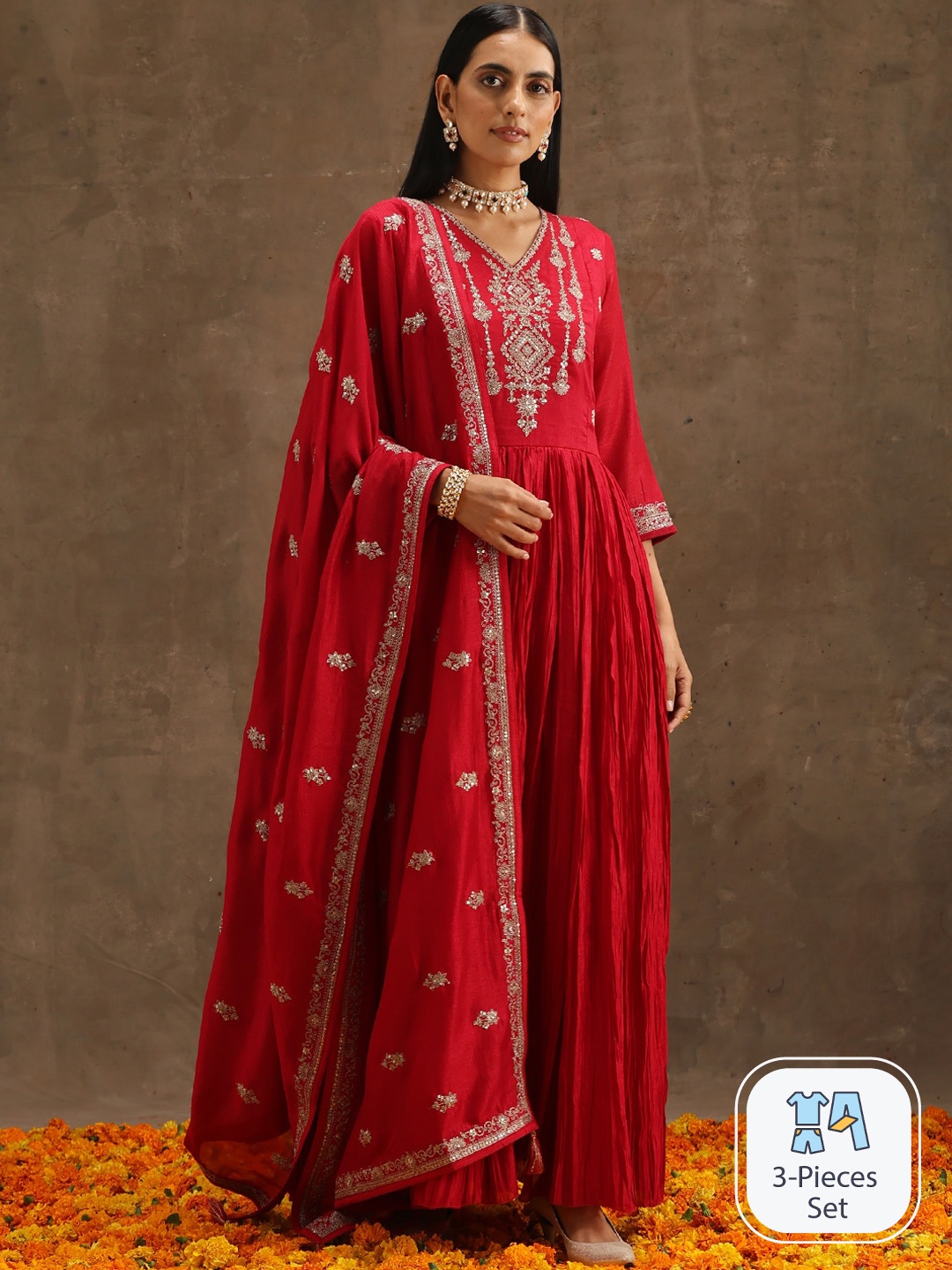 

Libas Ethnic Motifs Yoke Design Sequinned Anarkali Kurta With Trousers & Dupatta, Pink