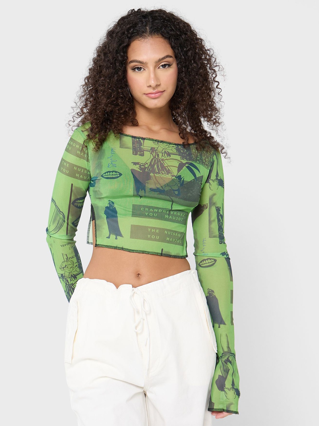 

MYWISHBAG Graphic Printed Boat Neck Semi Sheer Fitted Crop Top, Green