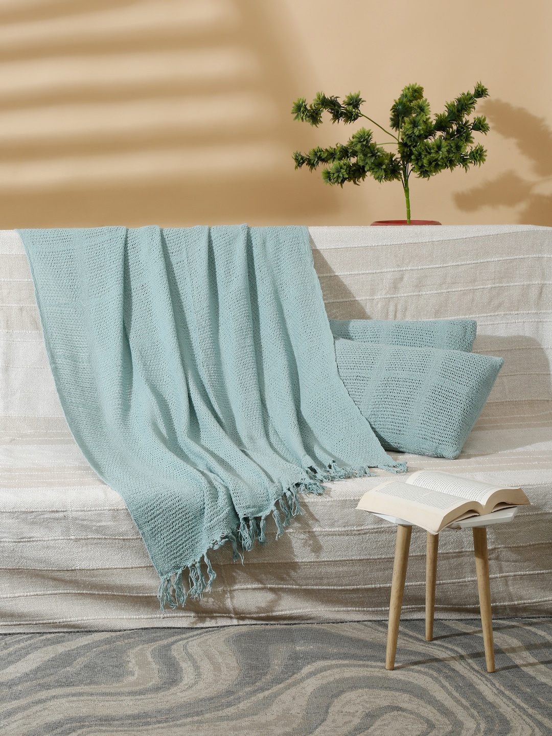 

HOSTA HOMES Teal Blue Pure Cotton Throw & 2 Pillow Covers