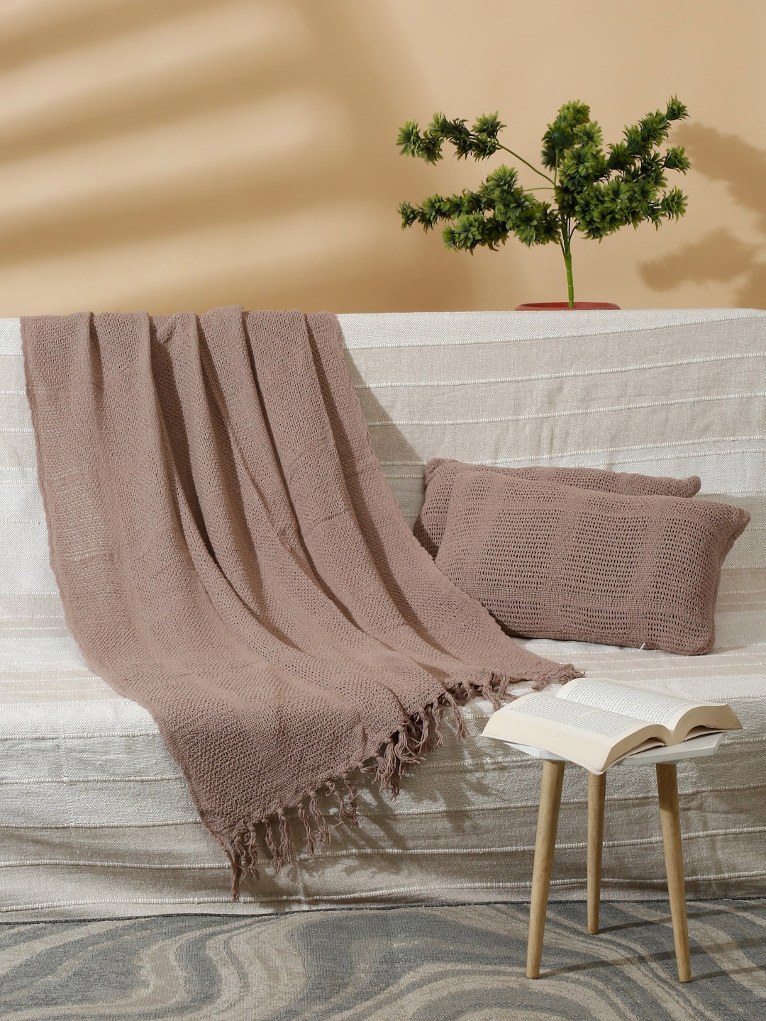 

HOSTA HOMES Knitted Pure Cotton Throw With Tassels & 2 Pillow Covers, Brown