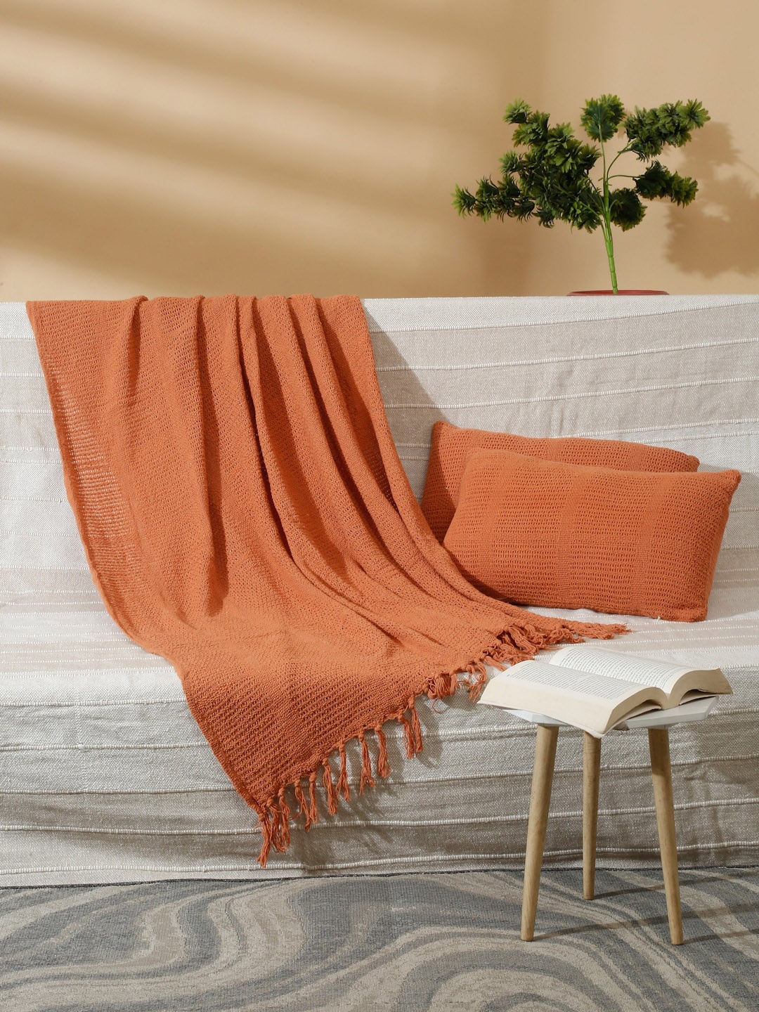 

HOSTA HOMES Olive Green Pure Cotton Throw & 2 Pillow Covers, Rust