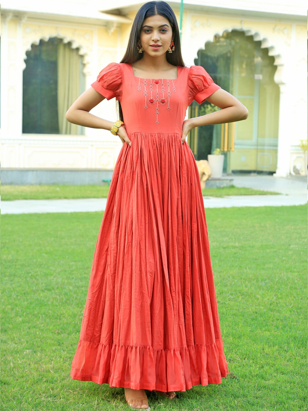 

Indian Virasat Floral Embroidered Gathered Detailed Cotton Maxi Ethnic Dress, Peach