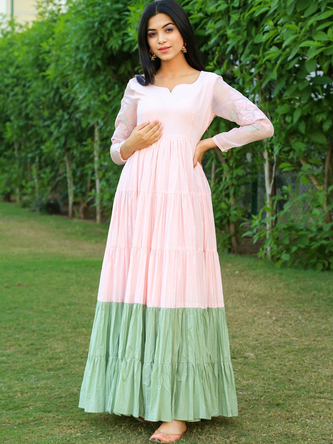 

Indian Virasat Floral Embroidered Cotton Maxi Ethnic Dress, Pink