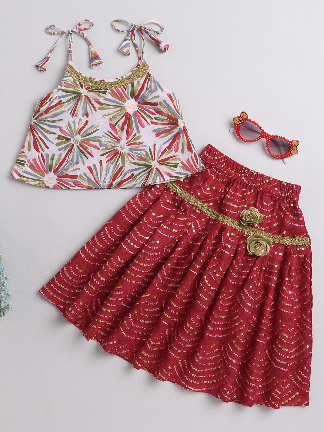

MANY FROCKS & Girls Printed Pure Cotton Ready to Wear Lehenga, Red