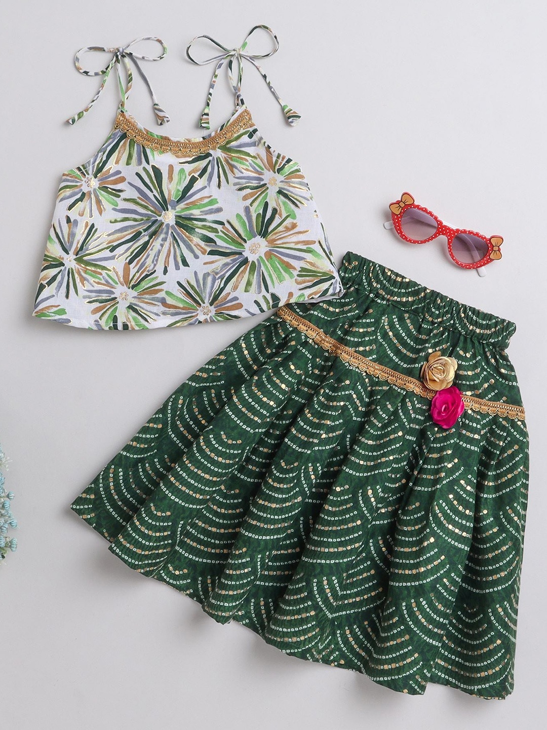 

MANY FROCKS & Girls Printed Pure Cotton Ready to Wear Lehenga, Green