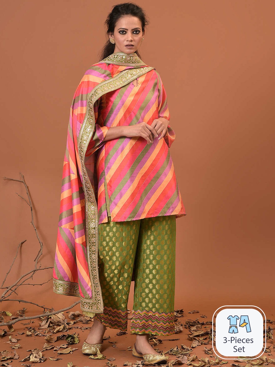 

NUHH Striped Kurta & Palazzos With Dupatta, Pink