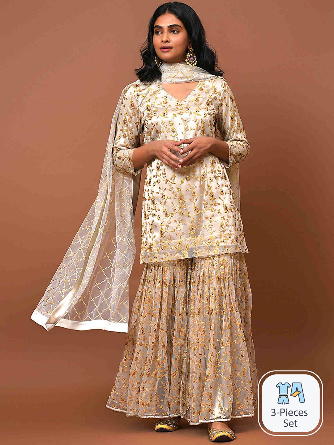 

NUHH Floral Embroidered Sequinned Kurta & Sharara With Dupatta, Beige