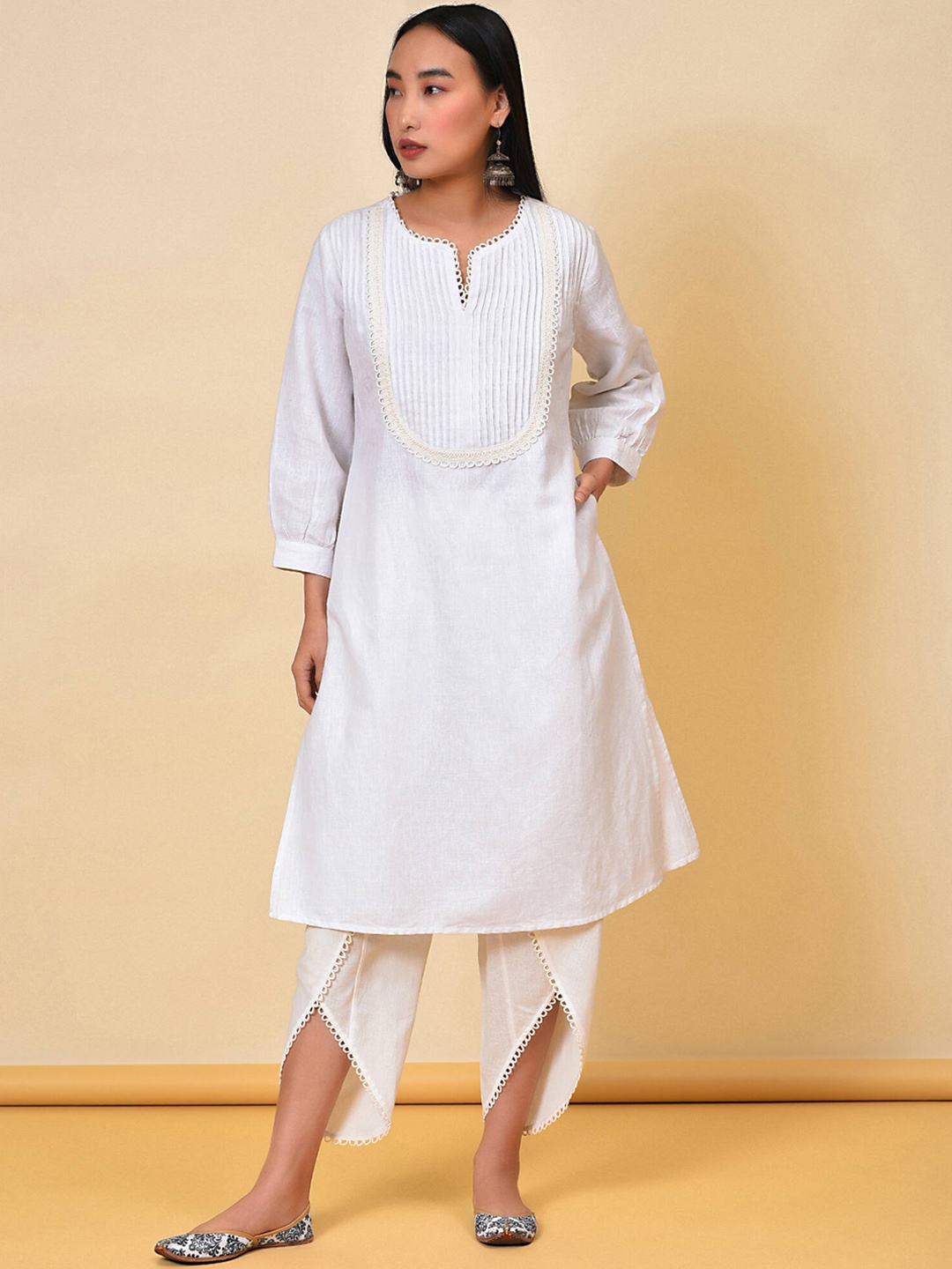 

NUHH Self Design Linen Kurta With Dhoti Pants, White