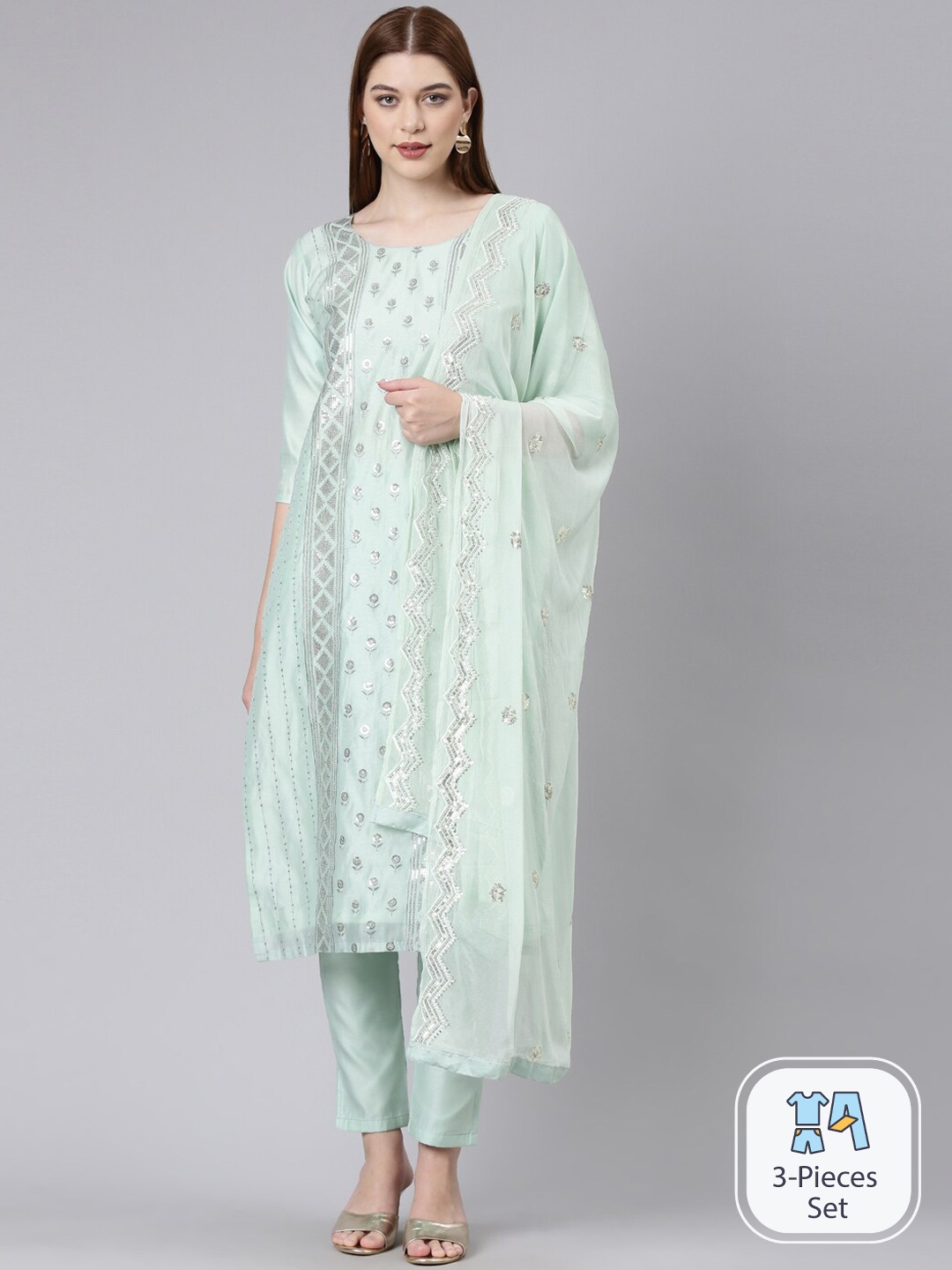 

GOLDSTROMS Floral Embroidered Sequinned Silk Straight Kurta With Trousers & Dupatta, Green