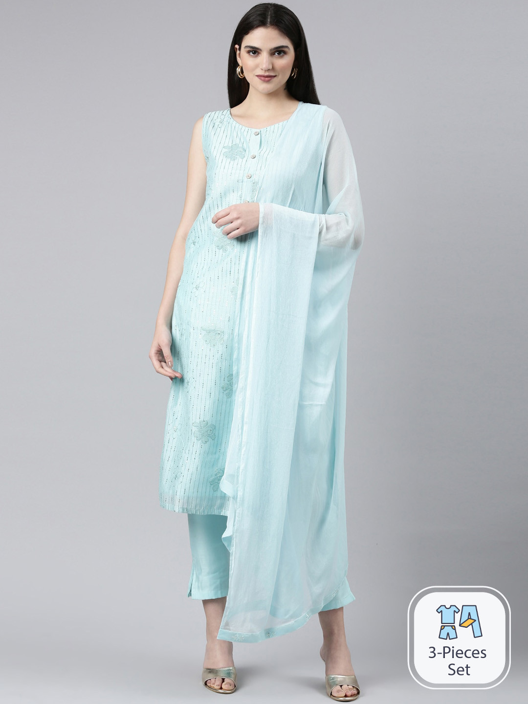 

GOLDSTROMS Floral Embroidered Sequinned Chanderi Silk Kurta With Trousers & Dupatta, Blue