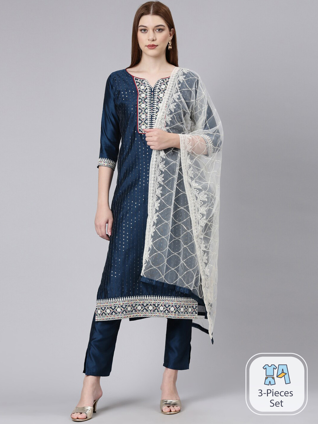 

GOLDSTROMS Embroidered Regular Sequinned Kurta with Trousers & With Dupatta, Blue