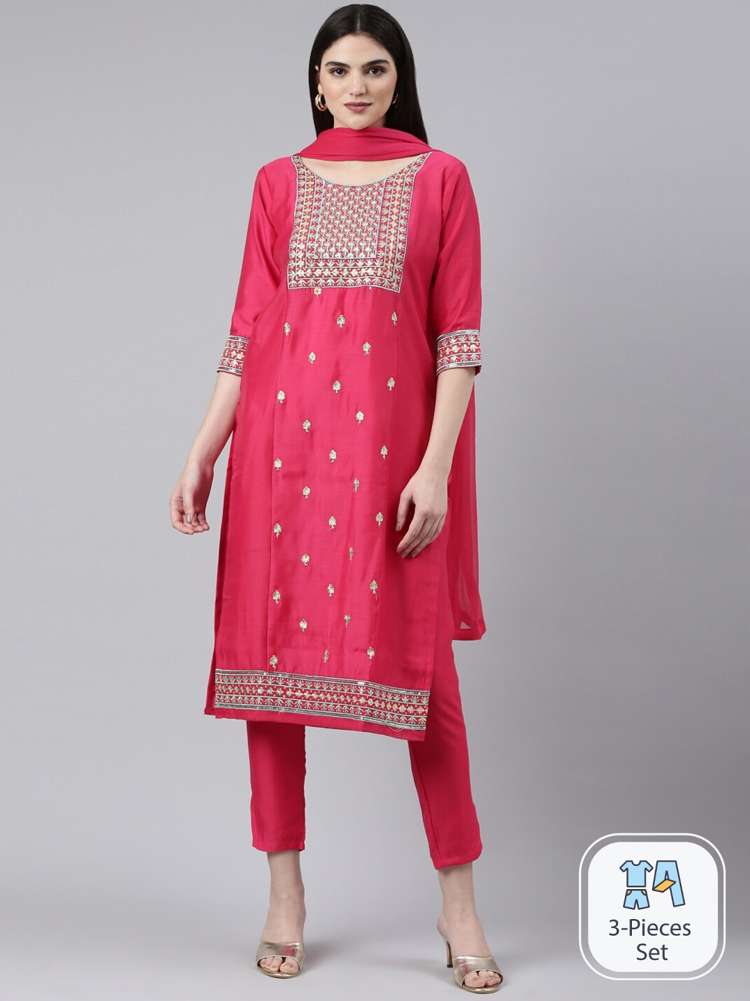 

GOLDSTROMS Ethnic Motifs Embroidered Thread Work Kurta with Trousers & Dupatta, Fuchsia