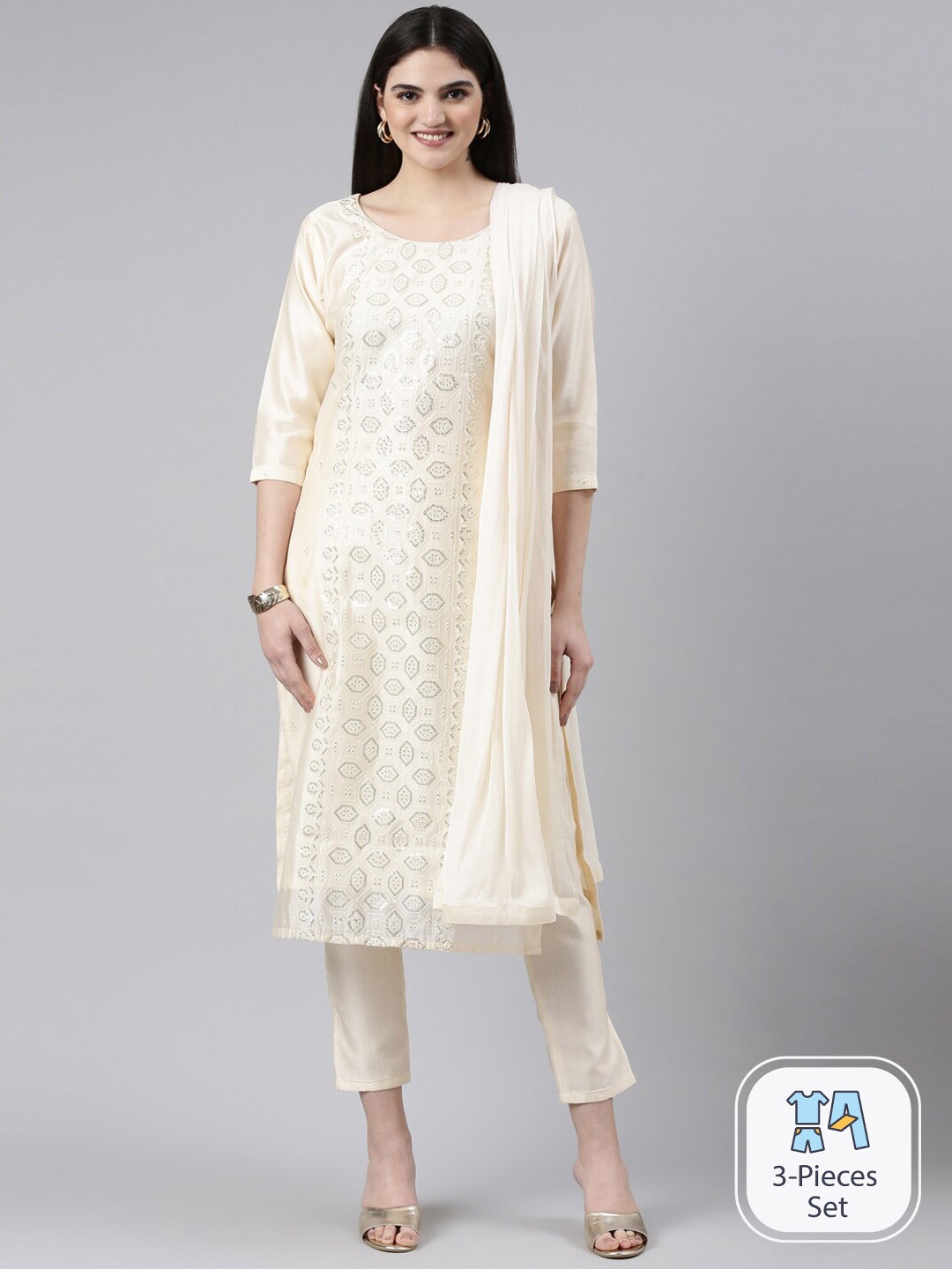 

GOLDSTROMS Ethnic Motifs Embroidered Regular Sequinned Kurta with Trousers & Dupatta, Cream