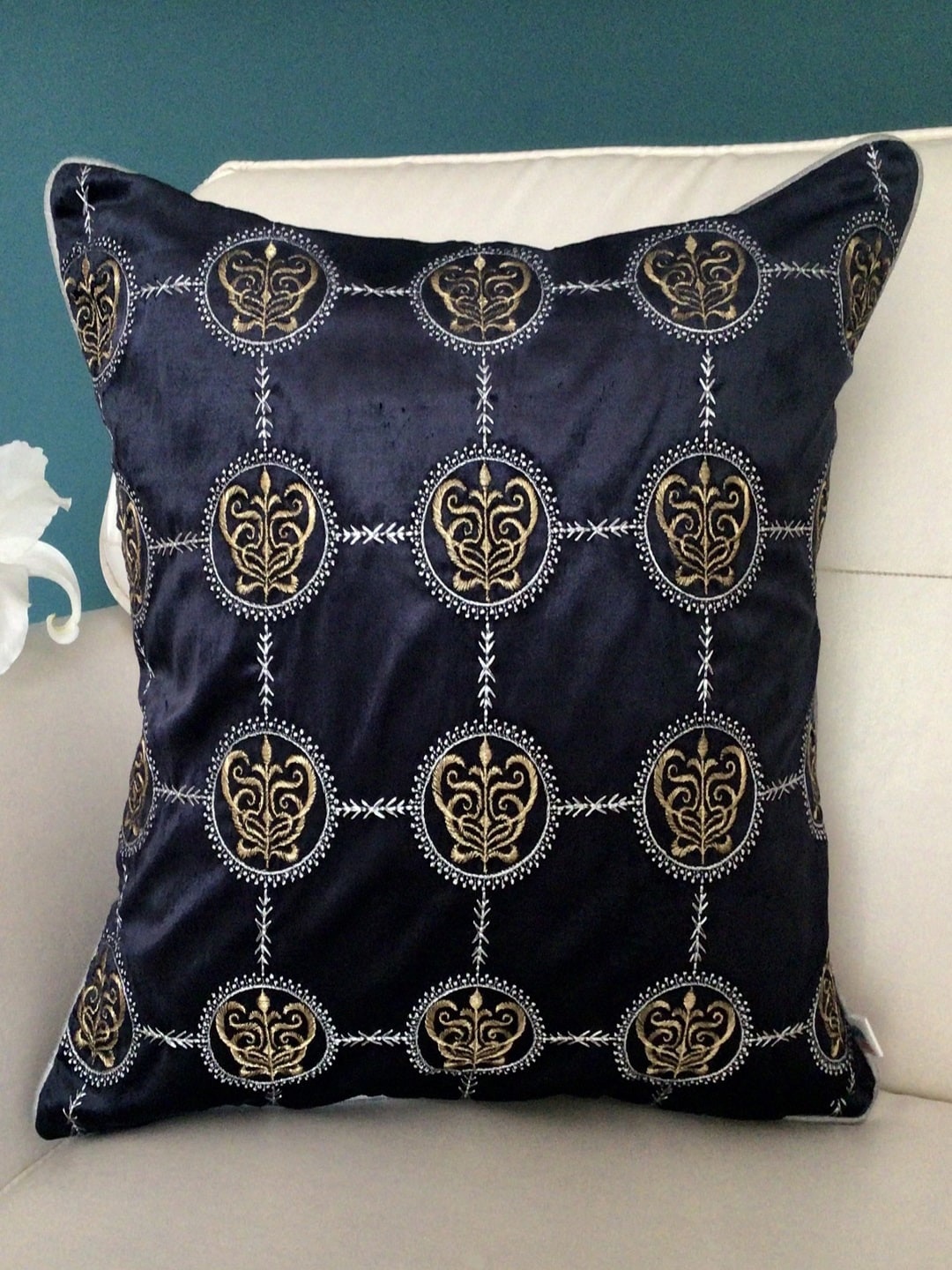 

TARA- Sparkling Homes Blue & Gold-Toned Embroidered Velvet Square Cushion Cover