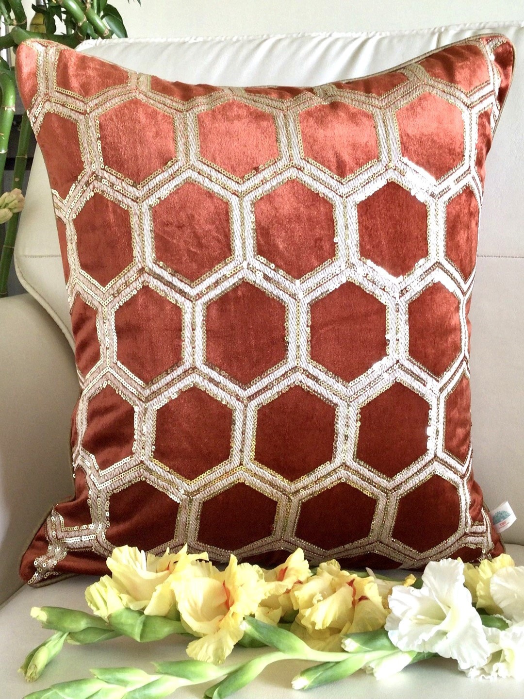 

TARA- Sparkling Homes Orange & Gold-Toned Embroidered Velvet Square Cushion Cover