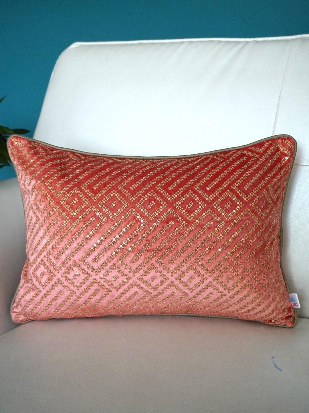 

TARA- Sparkling Homes Pink Embellished Velvet Rectangle Cushion Cover