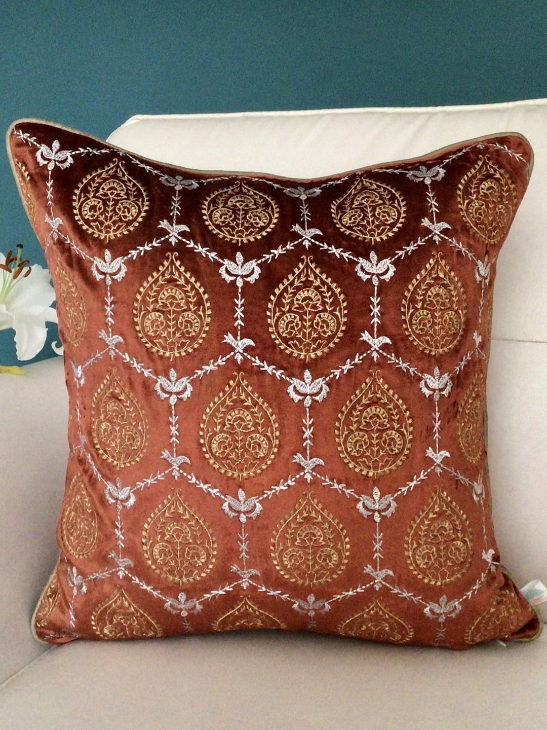 

TARA- Sparkling Homes Orange & Gold-Toned Embroidered Velvet Square Cushion Cover