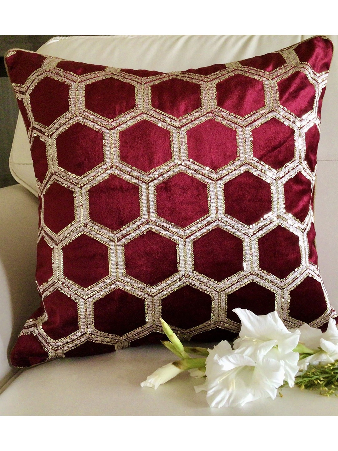 

TARA- Sparkling Homes Maroon & Gold-Toned Embroidered Velvet Square Cushion Cover