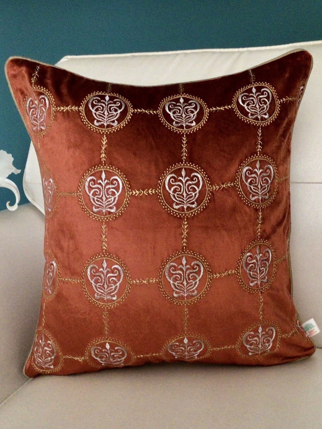 

TARA- Sparkling Homes Orange & White Ethnic Motifs Velvet Square Cushion Cover