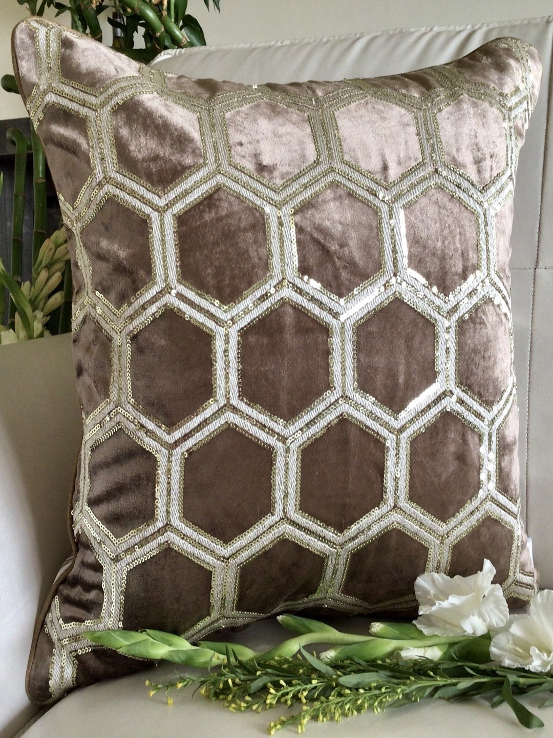 

TARA- Sparkling Homes Gold-Toned & White Geometric Velvet Square Cushion Cover