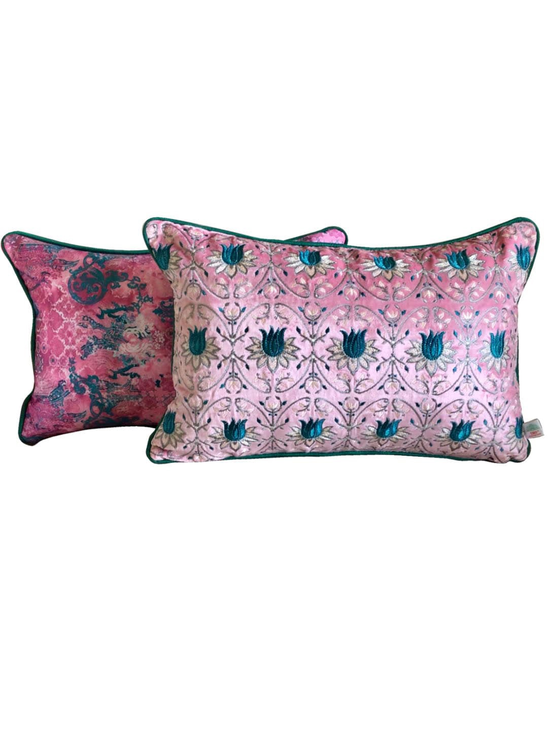 

TARA- Sparkling Homes Pink & Green Ethnic Motifs Velvet Rectangle Cushion Cover