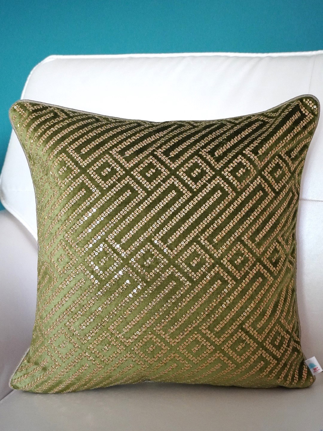 

TARA- Sparkling Homes Green & Gold-Toned Geometric Velvet Square Cushion Cover