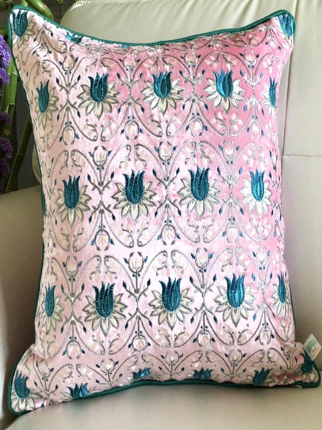 

TARA- Sparkling Homes Pink & Green Ethnic Motifs Velvet Square Cushion Cover