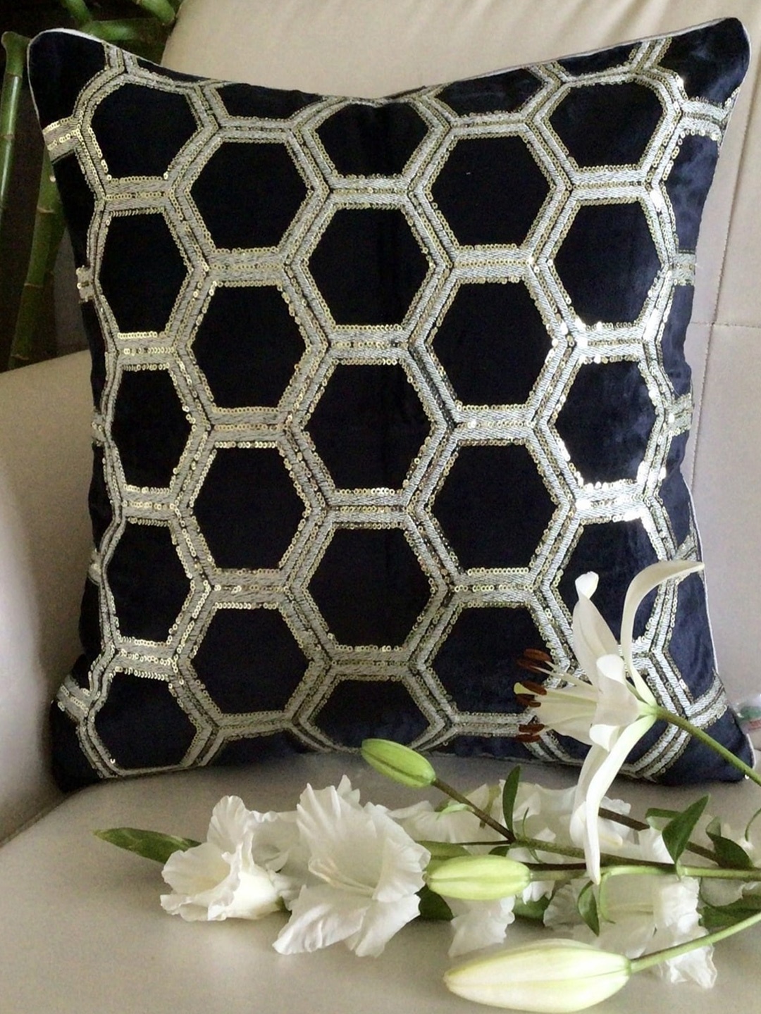

TARA- Sparkling Homes Blue & White Geometric Velvet Square Cushion Cover