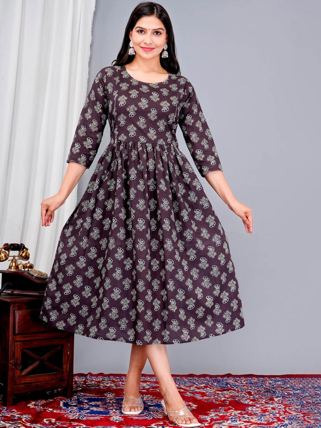 

ao services Ethnic Motifs Printed Round Neck Gathered Fit & Flare Ethnic Dress, Brown