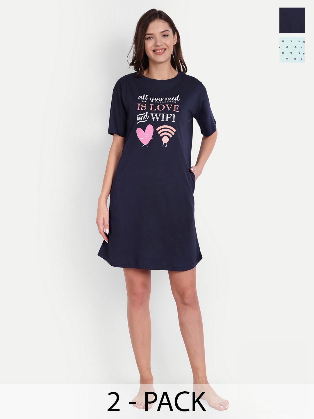 

Bedtime story Pack Of 2 Typography Printed Pure Cotton T-shirt Nightdress, Navy blue