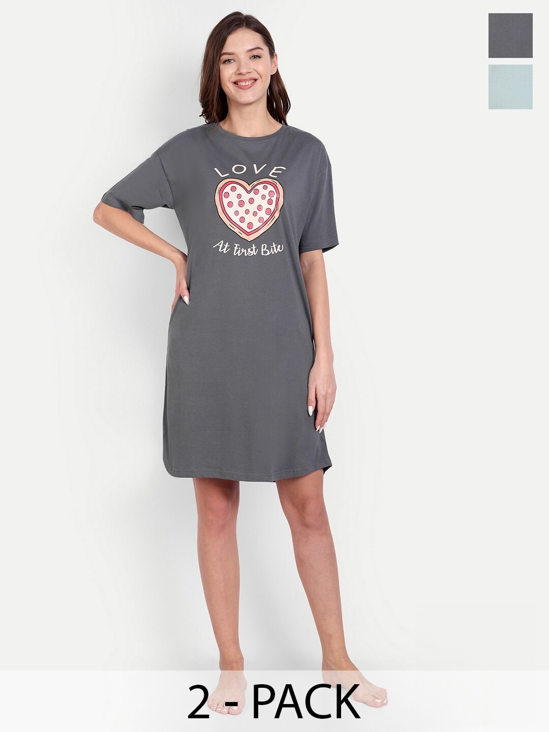 

Bedtime story Pack Of 2 Typography Printed Pure Cotton T-shirt Nightdress, Grey