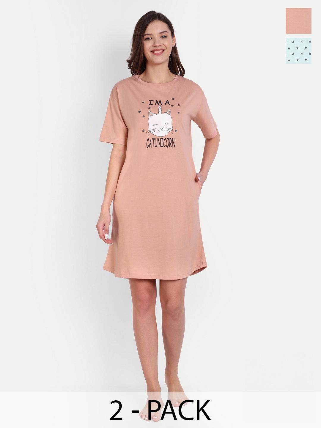 

Bedtime story Pack Of 2 Typography Printed Pure Cotton T-shirt Nightdress, Peach