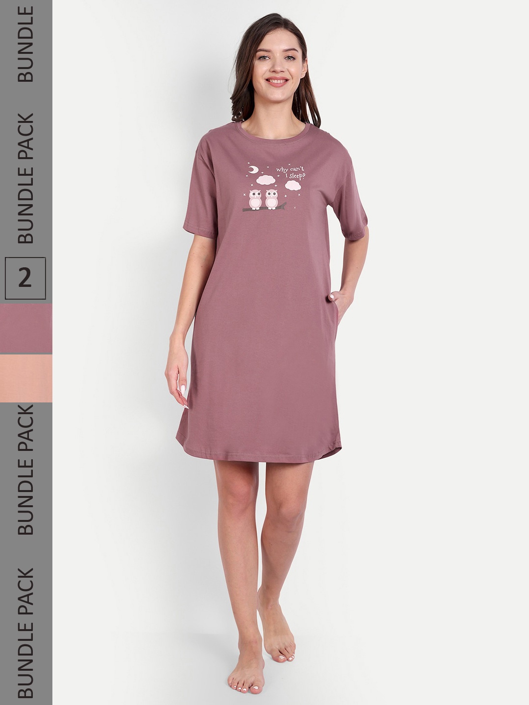 

Bedtime story Pack Of 2 Printed Pure Cotton T-shirt Nightdress, Peach