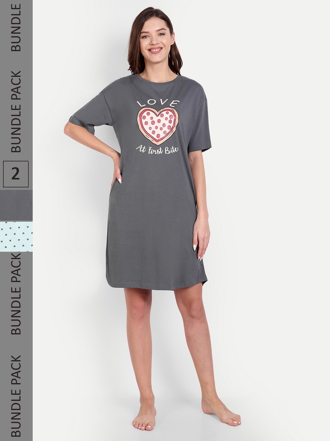 

Bedtime story Pack Of 2 Printed Pure Cotton T-shirt Nightdress, Grey