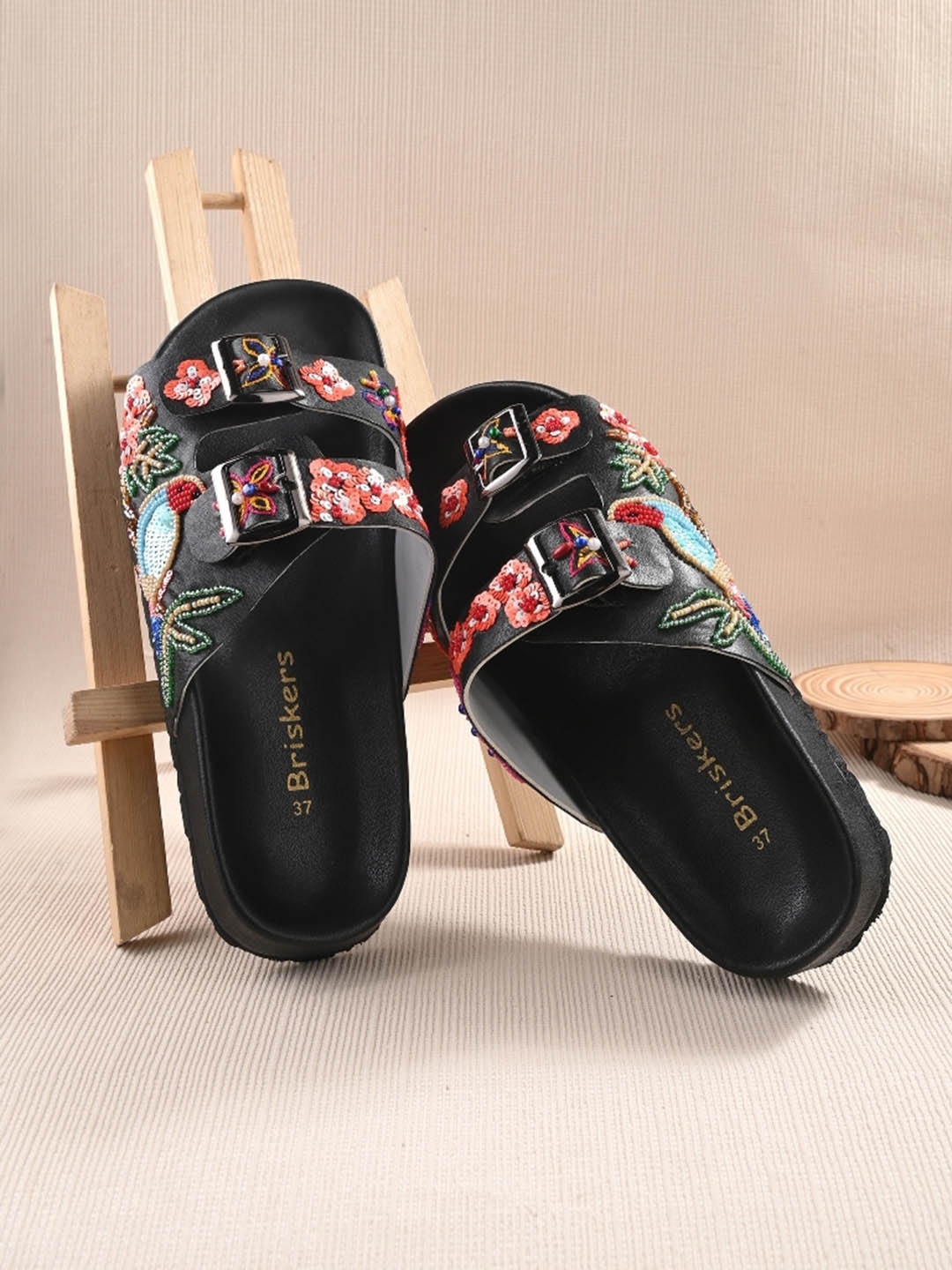 

BRISKERS Embroidered Two Strap Open Toe Flats With Buckle Detail, Black