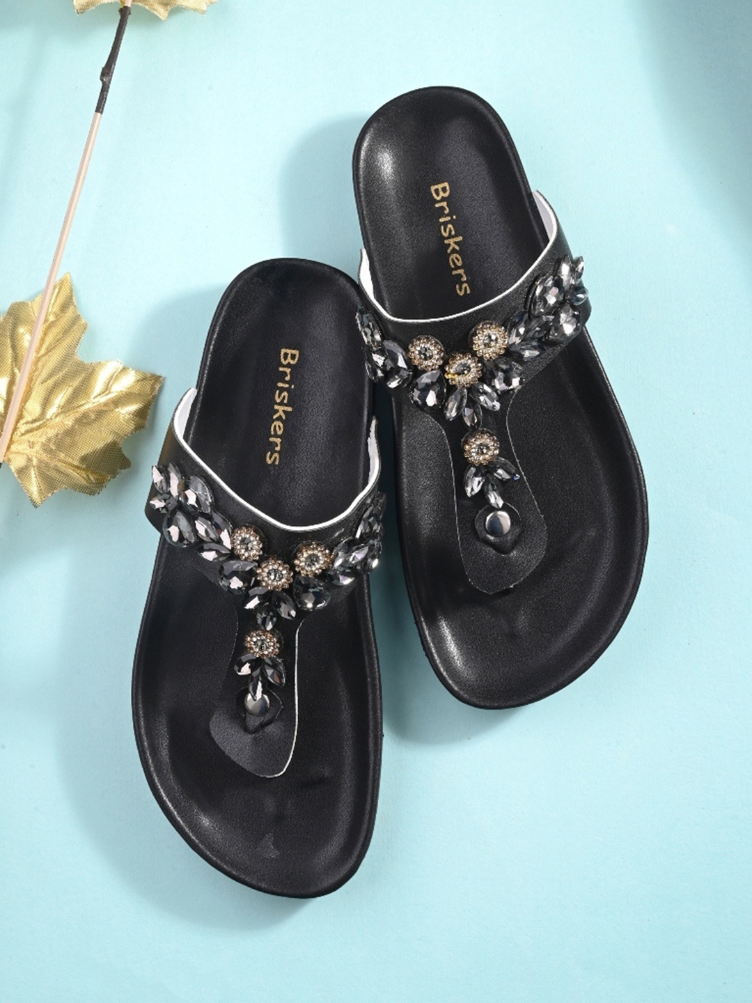 

BRISKERS Embellished Open Toe Flats, Black