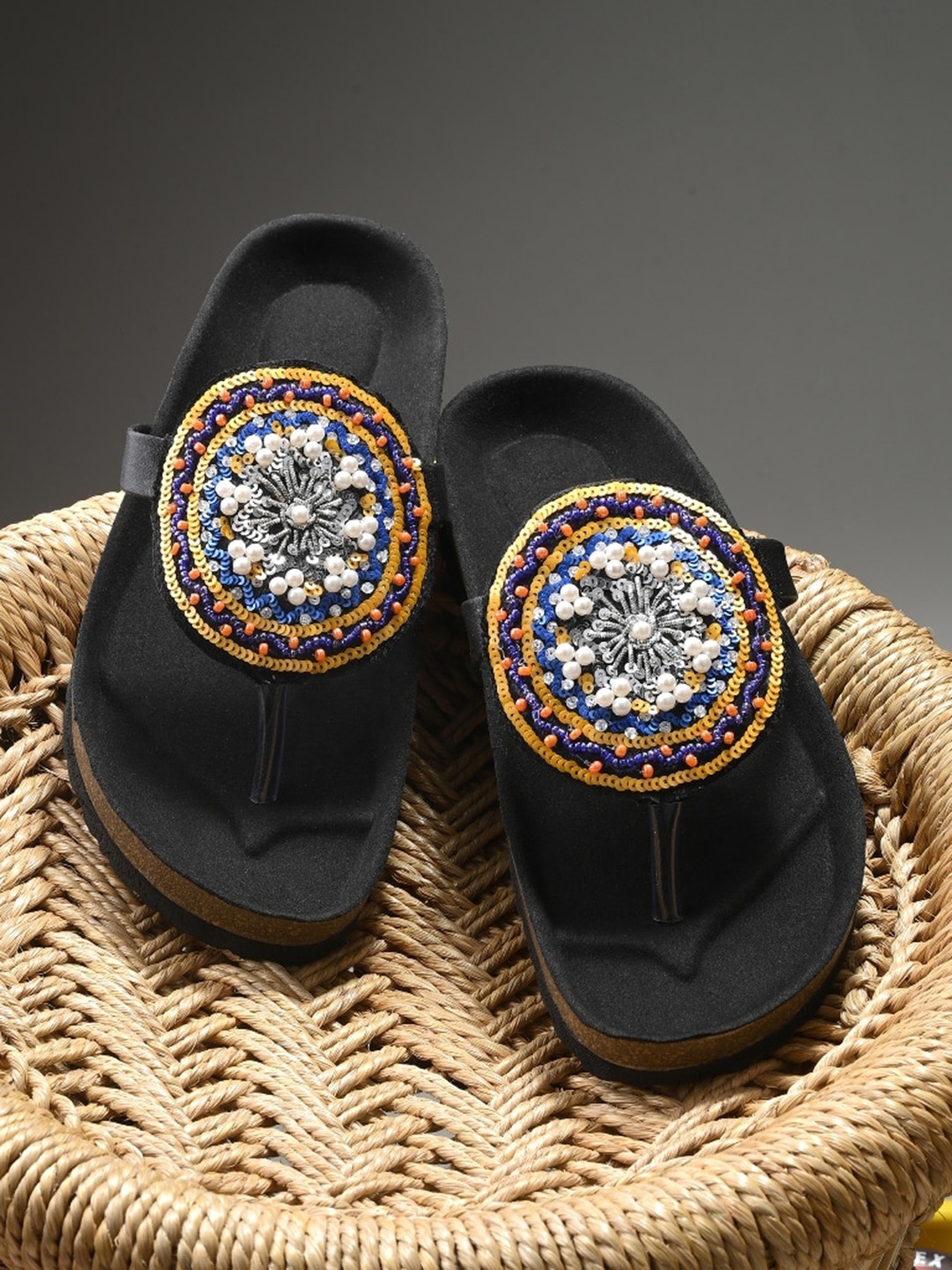 

BRISKERS Embellished Open Toe Flats, Black