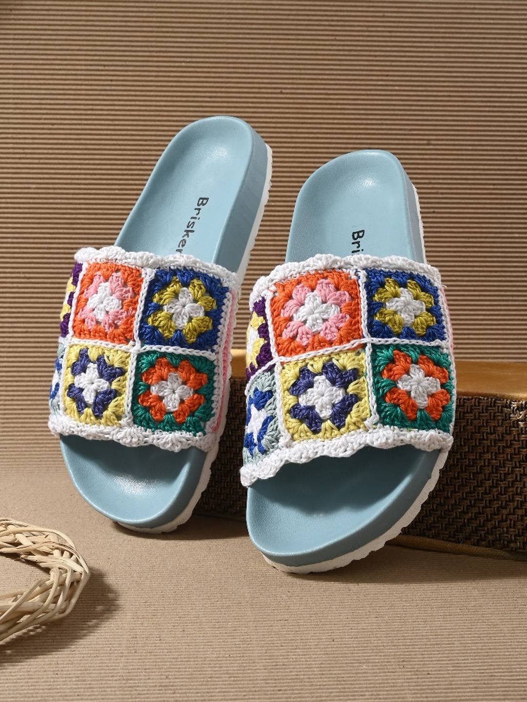 

BRISKERS Embroidered Open Toe Flats, Blue