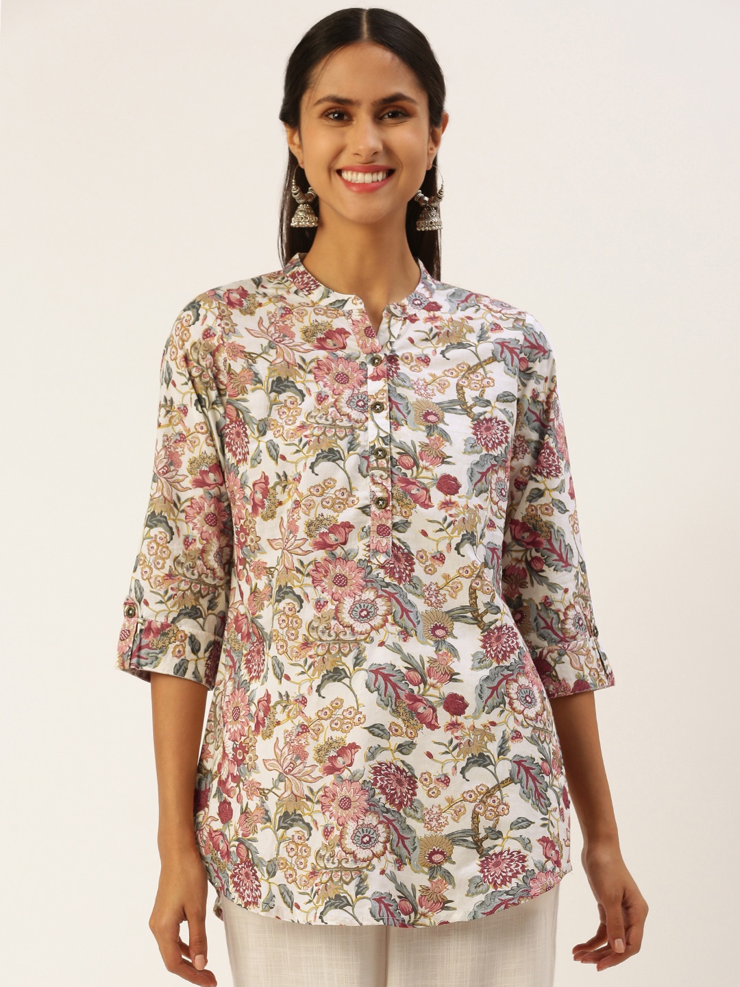 

AMUKTI Floral Print Mandarin Collar Tunic, Beige