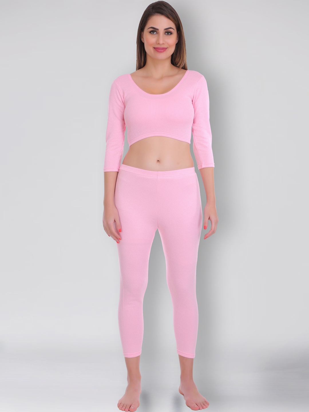 

SELFCARE Round Neck Ribbed Thermal Set, Pink