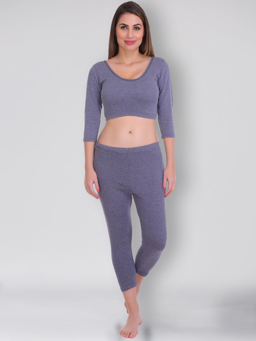 

SELFCARE Round Neck Ribbed Thermal Set, Blue