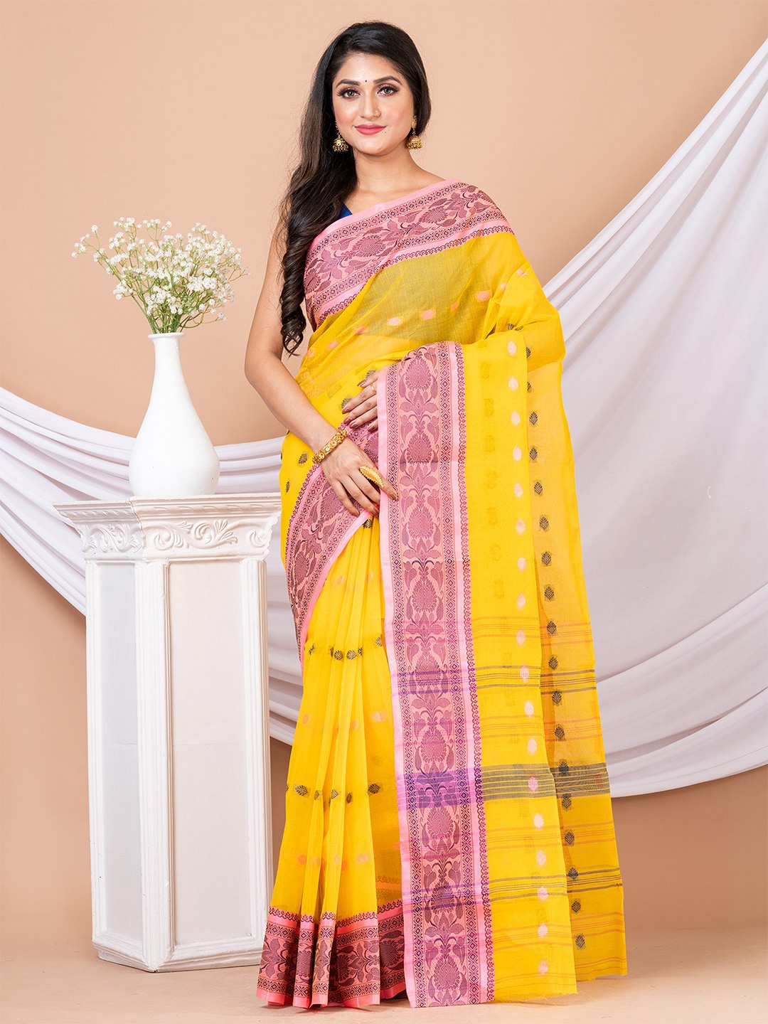 

HOUSE OF ARLI Ethnic Motifs Woven Design Zari Pure Cotton Taant Saree, Yellow