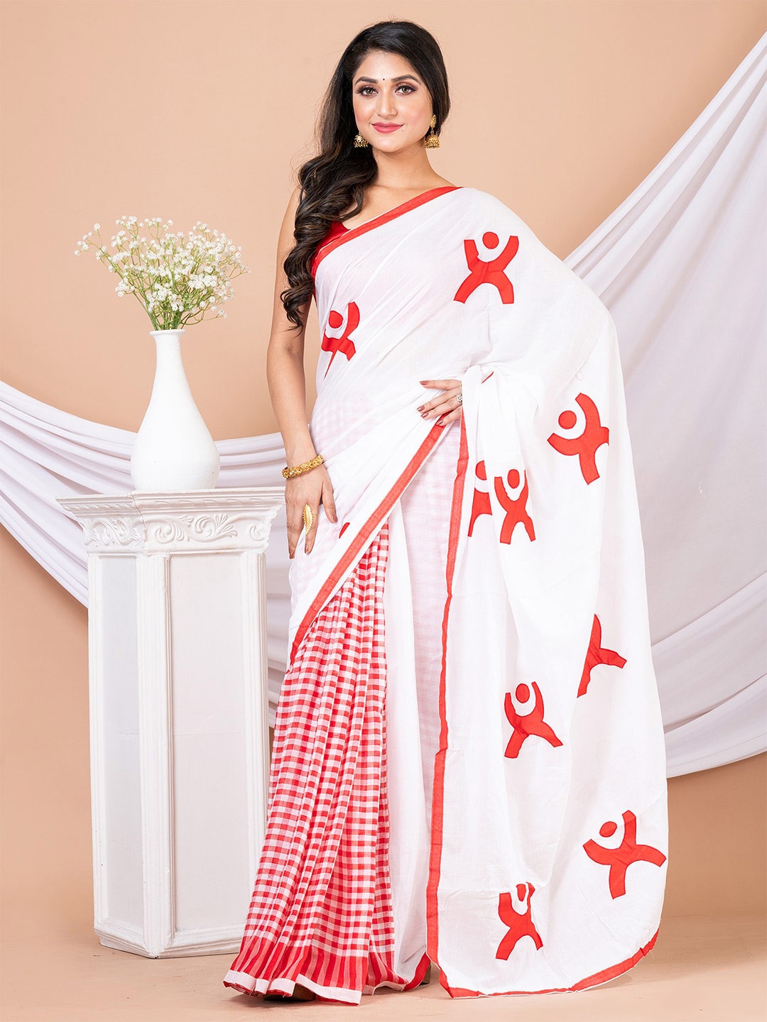 

HOUSE OF ARLI Ethnic Motifs Printed Pure Cotton Half and Half Saree, Red