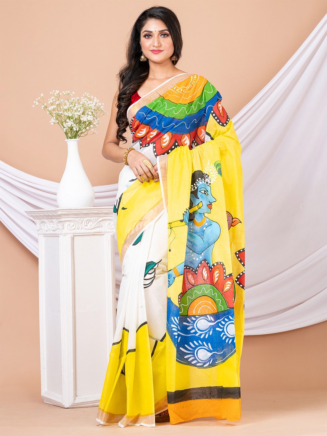 

HOUSE OF ARLI Ethnic Printed Motifs Pure Cotton Saree, White