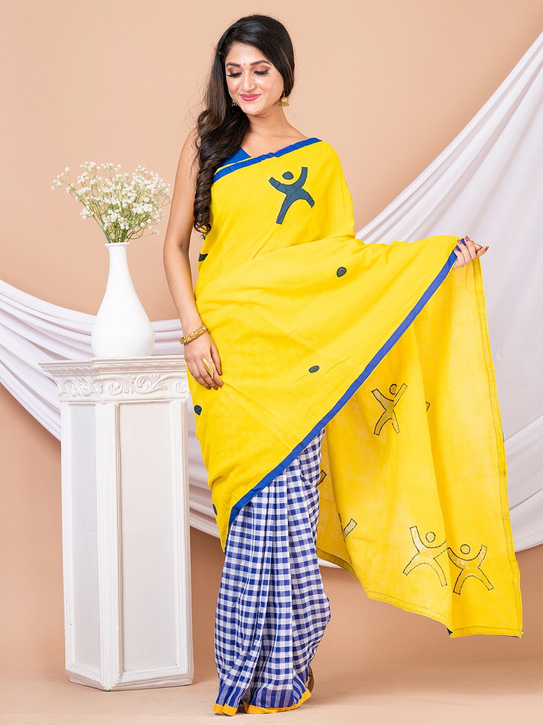 

HOUSE OF ARLI Ethnic Motifs Printed Pure Cotton Half and Half Saree, Blue