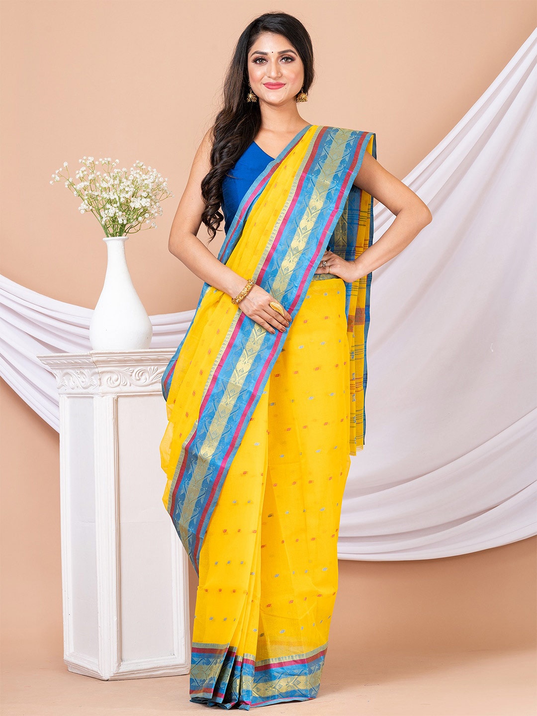 

HOUSE OF ARLI Ethnic Motifs Woven Design Zari Pure Cotton Taant Saree, Yellow